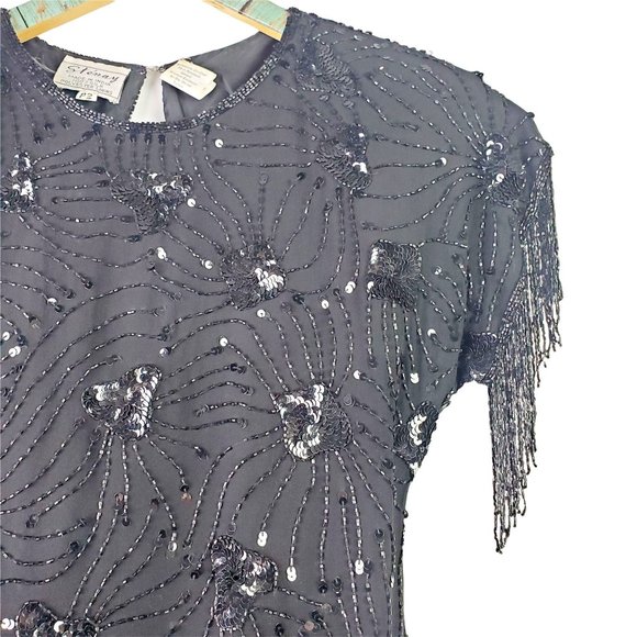 Vtg 80s Stenay Flapper Style Full Beaded Dress Sz 2P - Picture 2 of 10